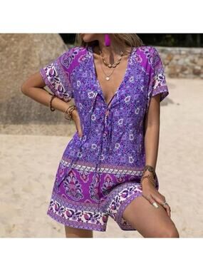 Purple Floral Short Jumpsuit - Lightweight V-Neck Romper